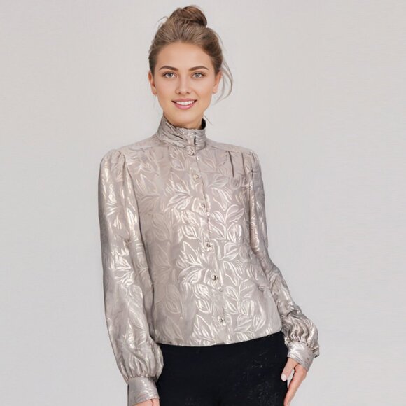 Vintage Susan Van Heusen Silky Jacquard Blouse High Neck Ruffled Arm Silky 80s - Picture 4 of 13